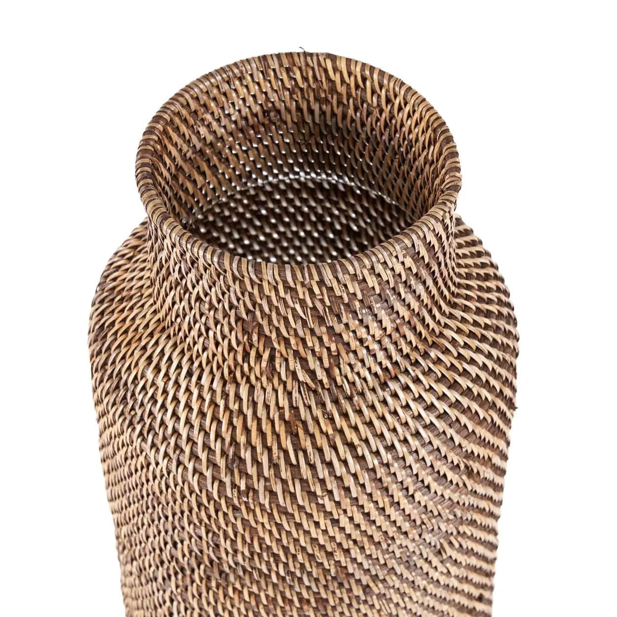 Woven brown umbrella stand on a white background