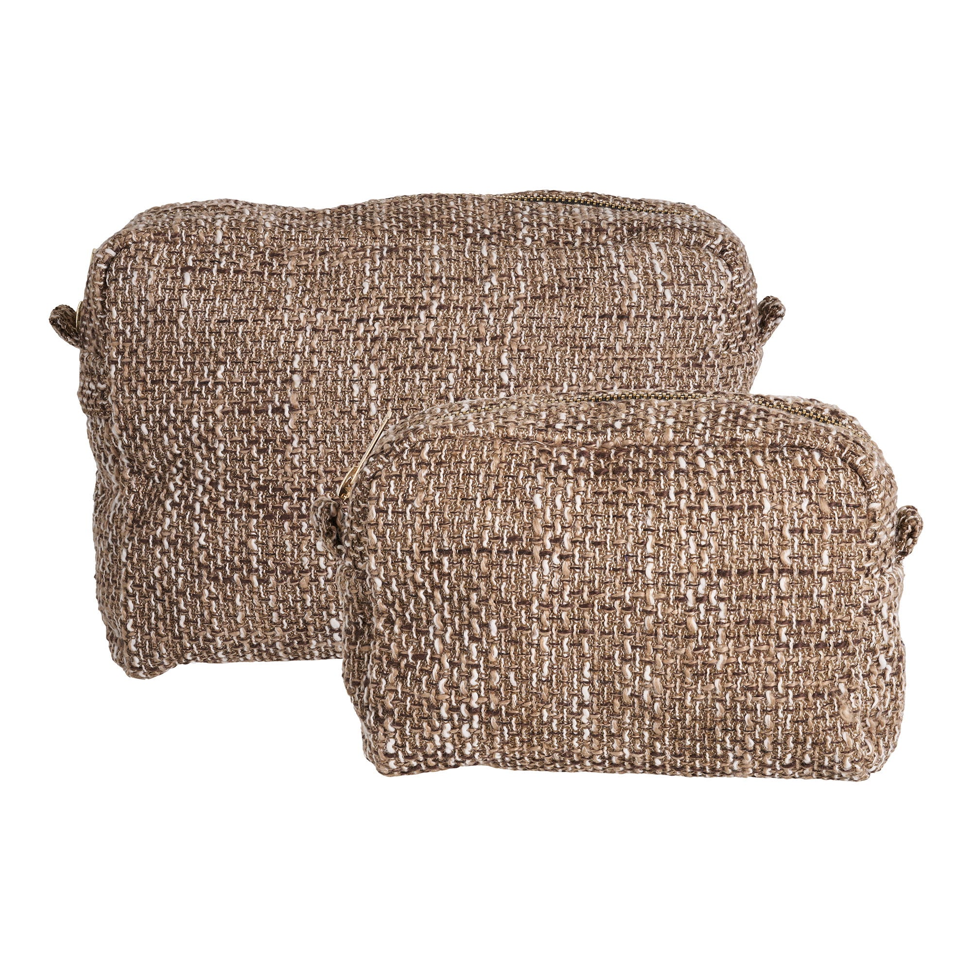 Two woven brown pouches on a white background