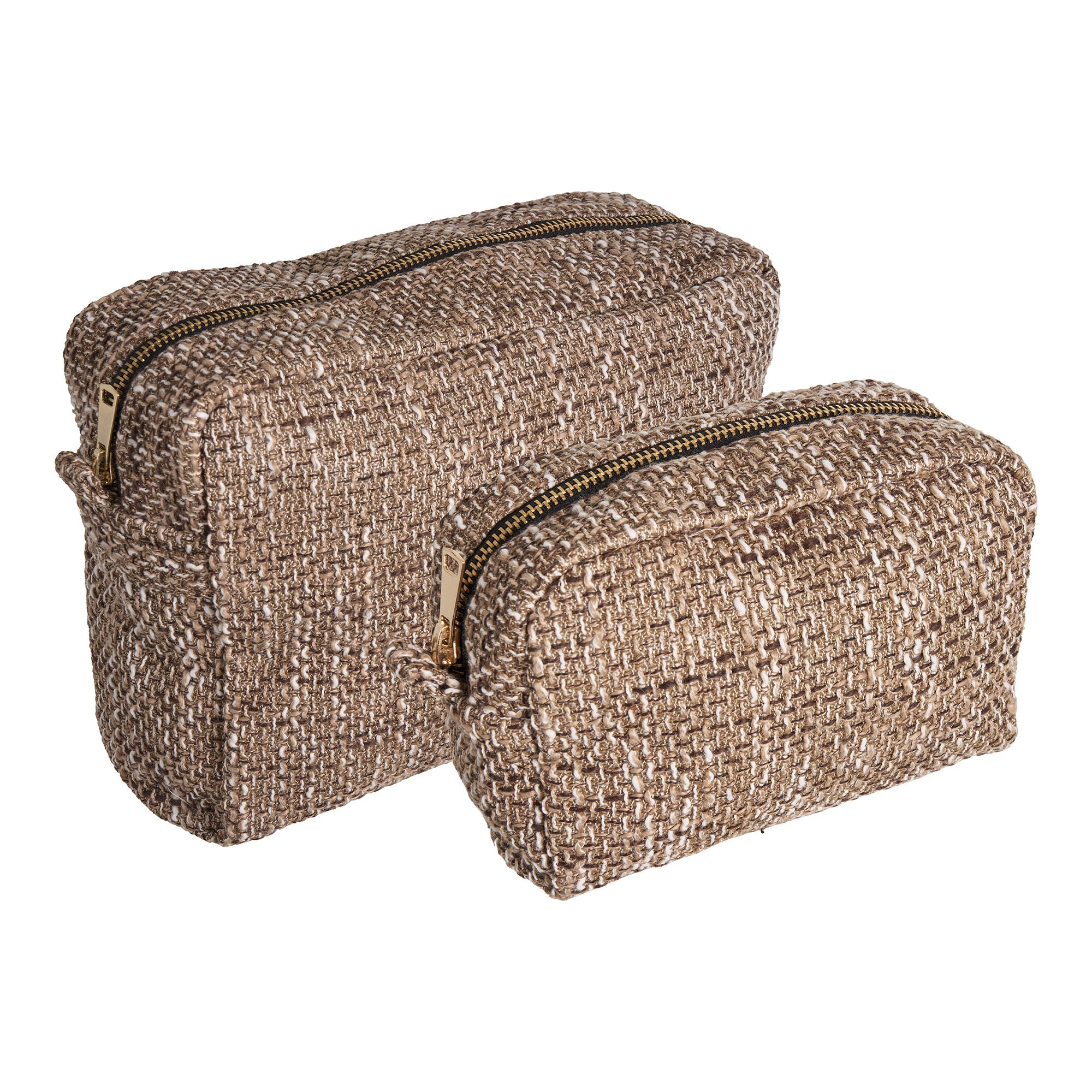 Two woven totes with gold zippers on a white background