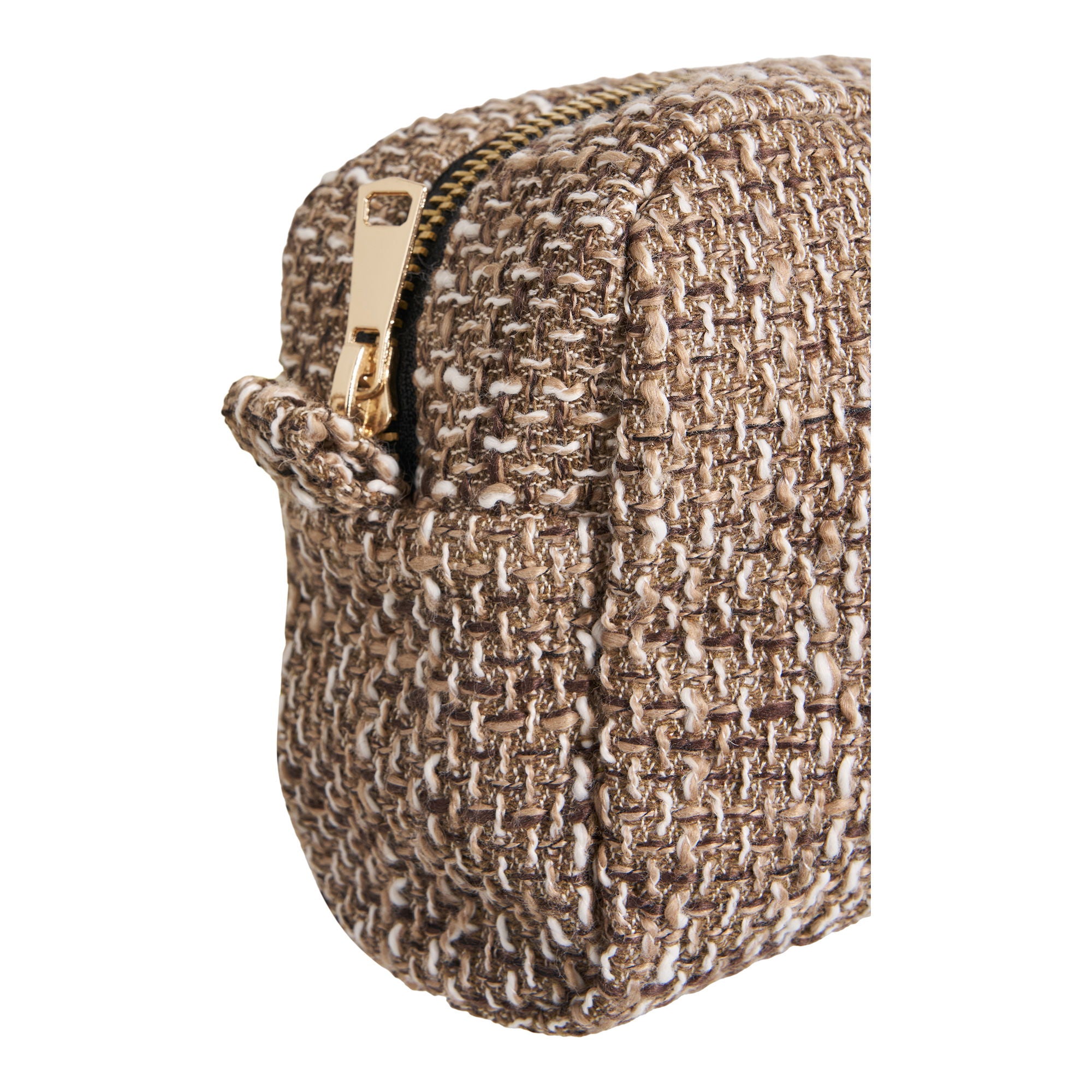 Textured gold clutch bag with a gold zipper on a white background