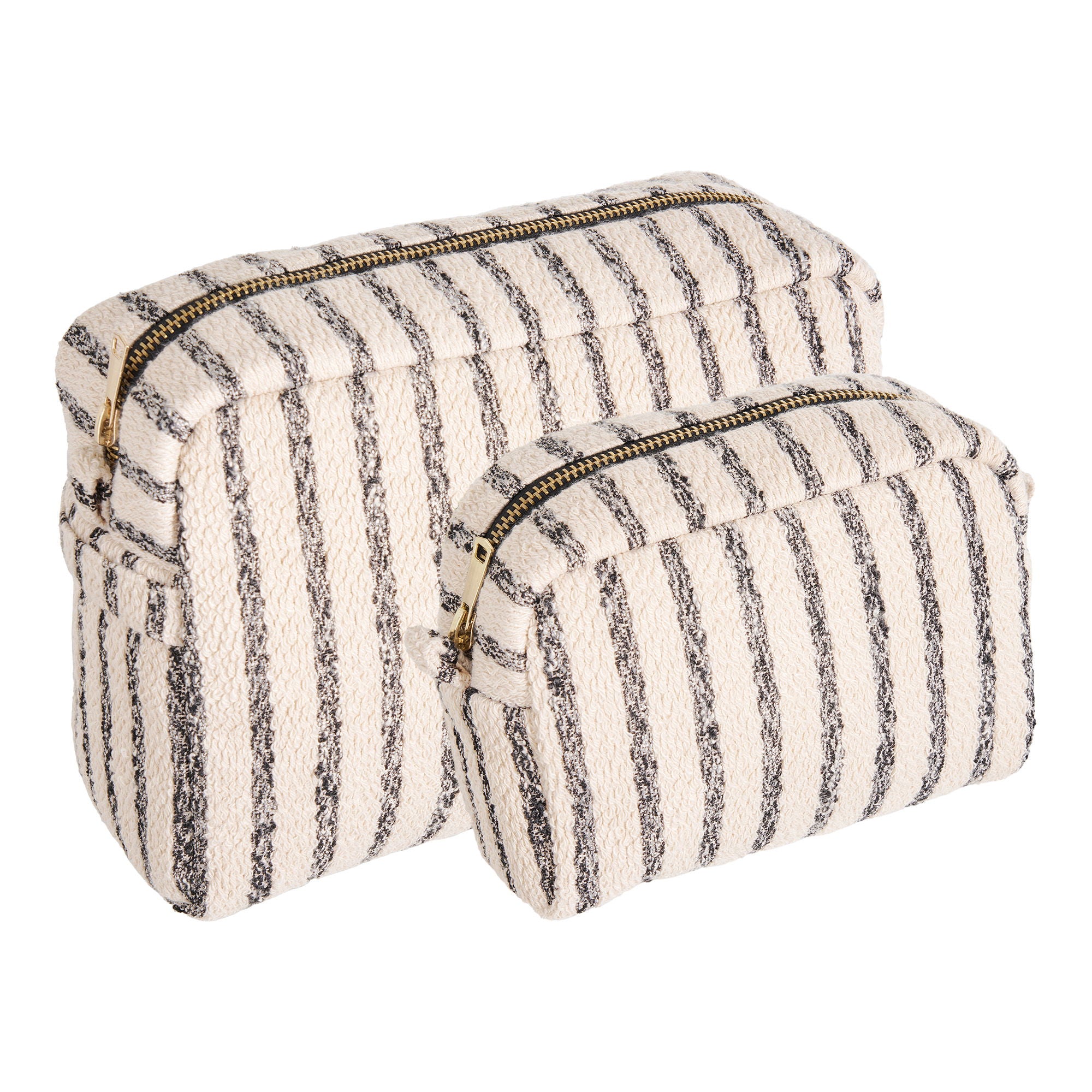Two striped pouches with zippers on a white background