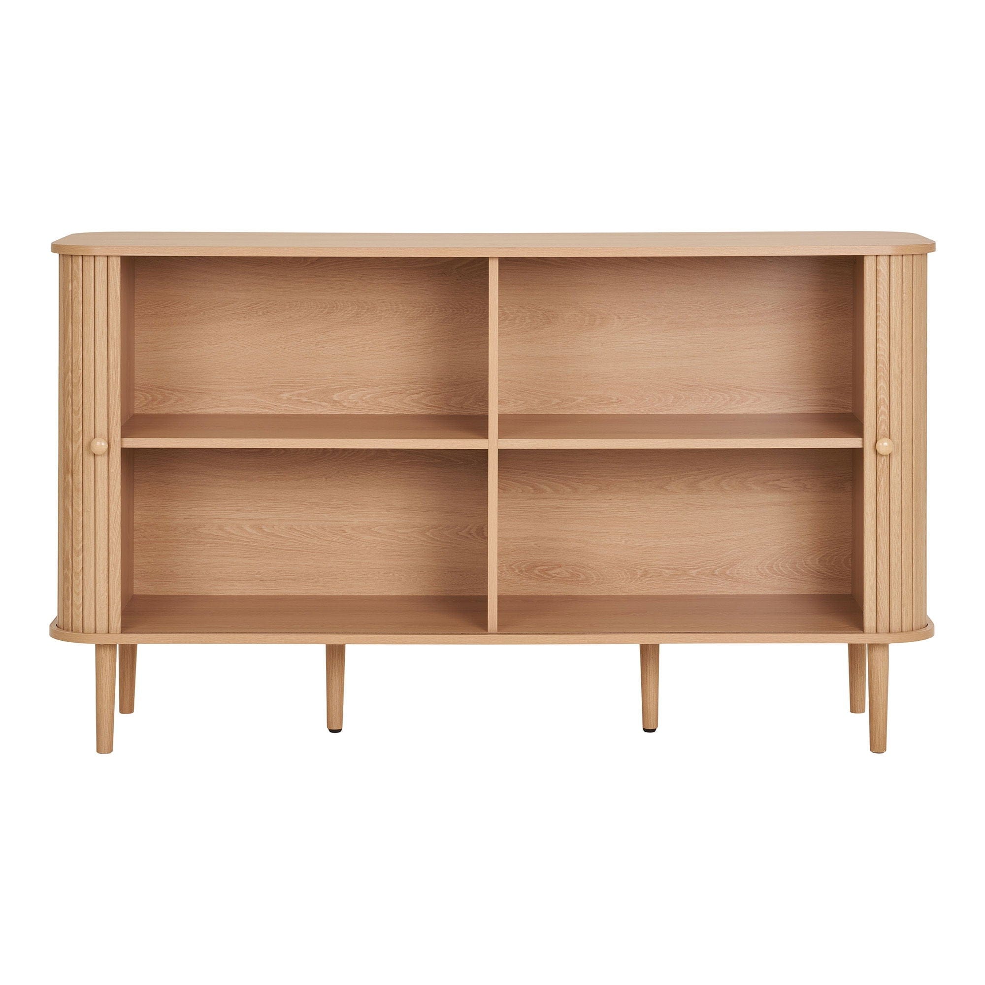 Wooden bookshelf with four shelves on a white background