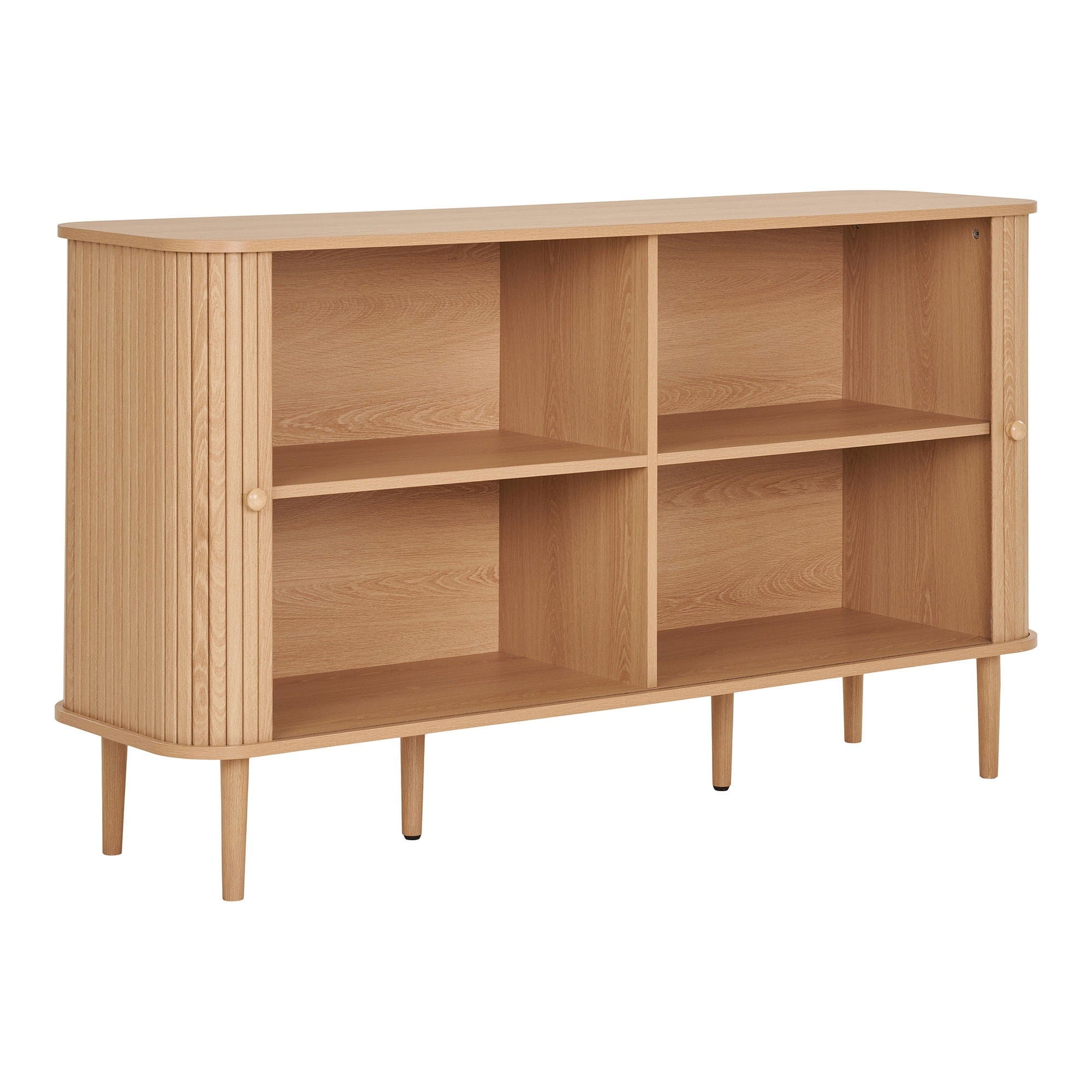 Wooden bookshelf with four shelves on a white background
