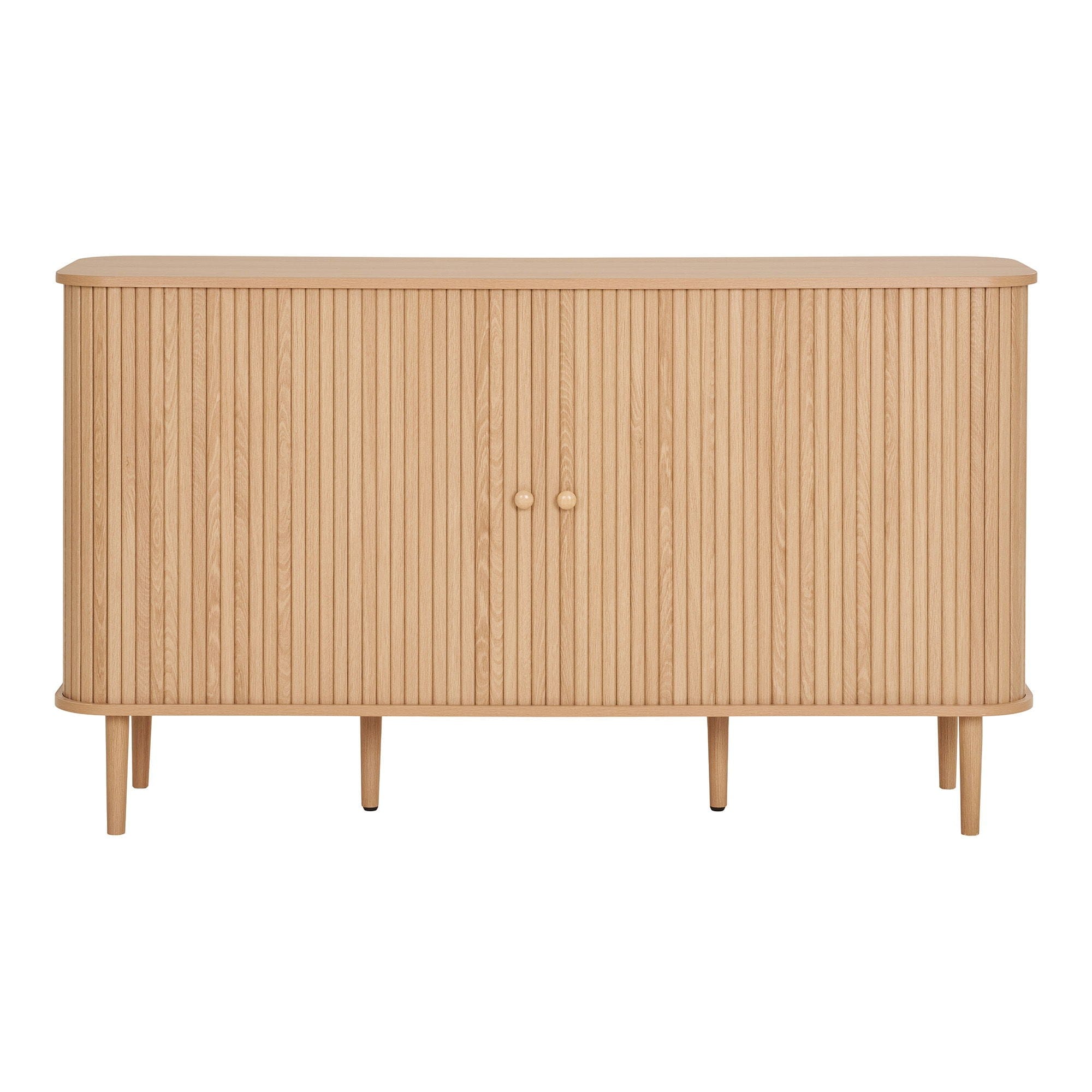 Wooden cabinet with slatted door on a white background