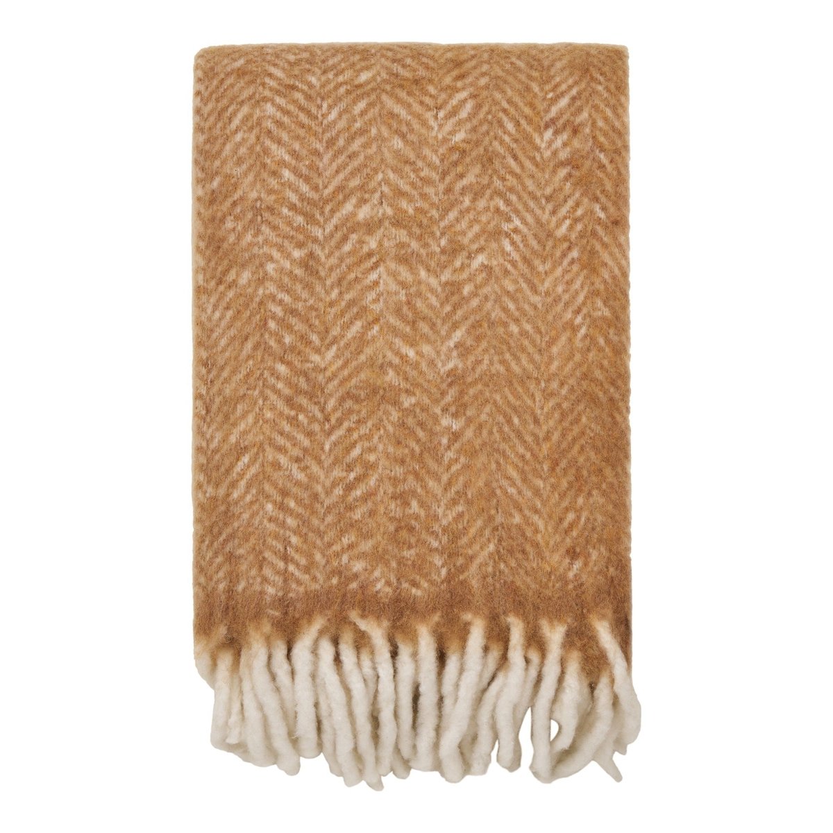 Brown and beige woven blanket with white fringe on a white background
