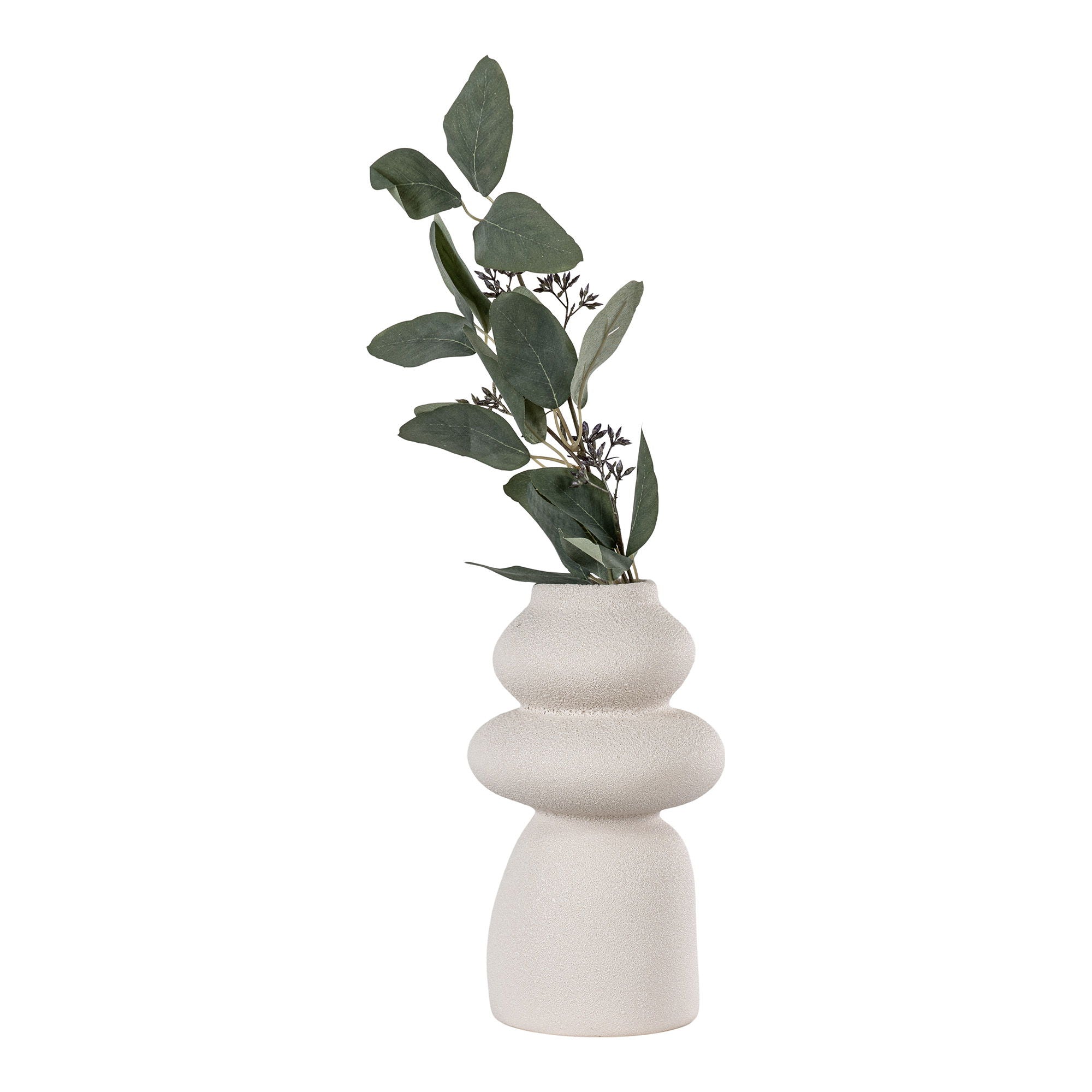White ceramic vase with a plant on a white background