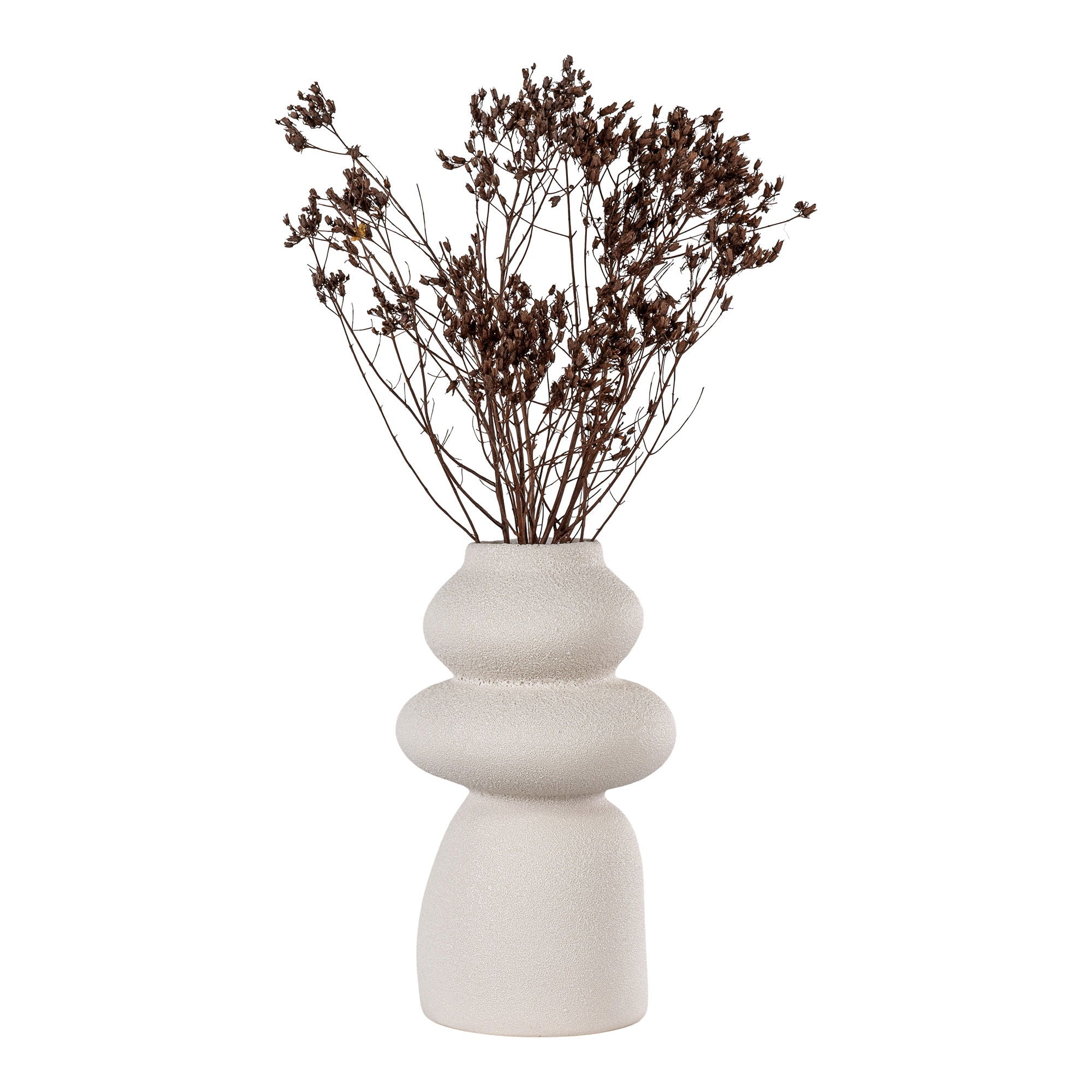 White ceramic vase with dried flowers on a white background