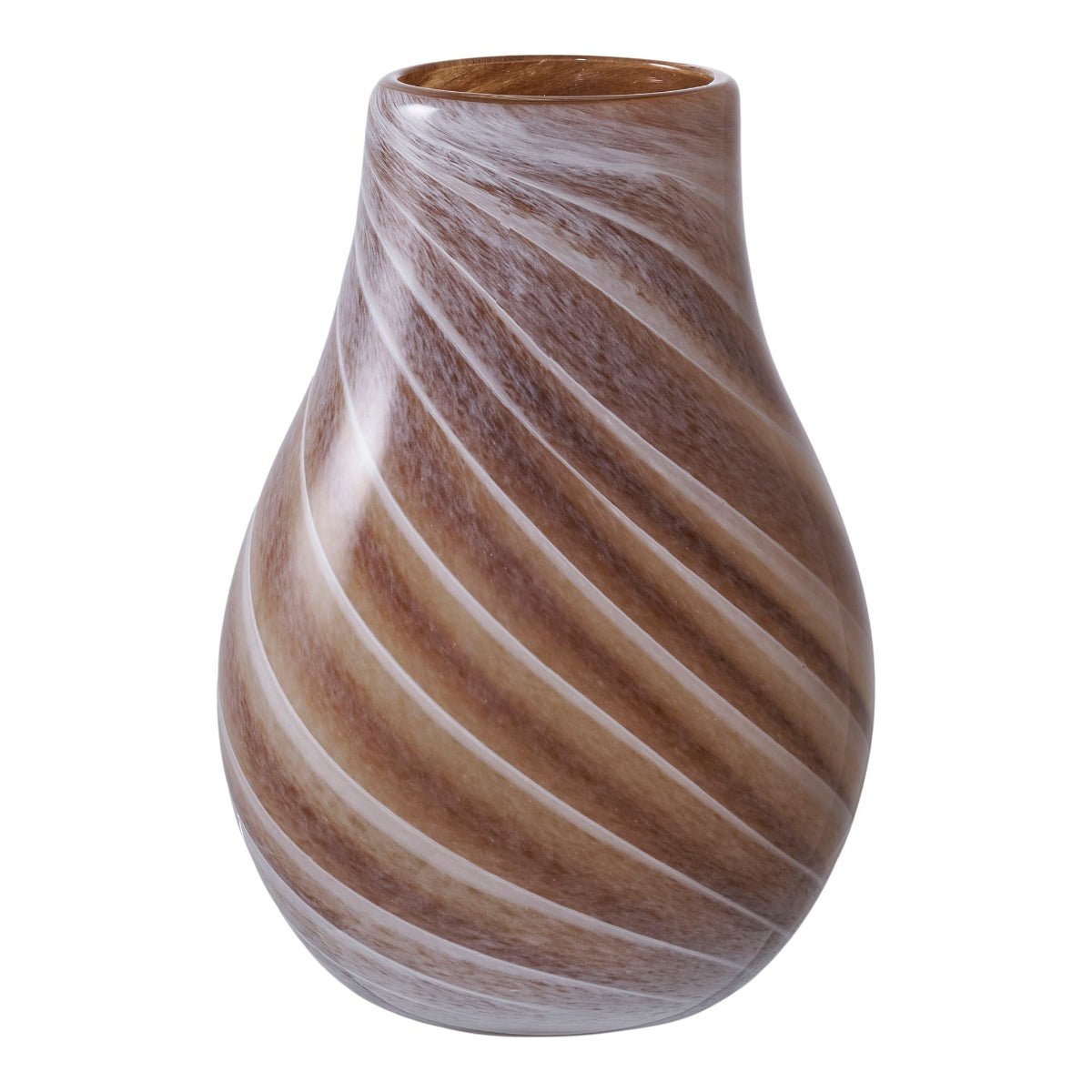 Decorative vase with swirling brown and beige pattern on a white background