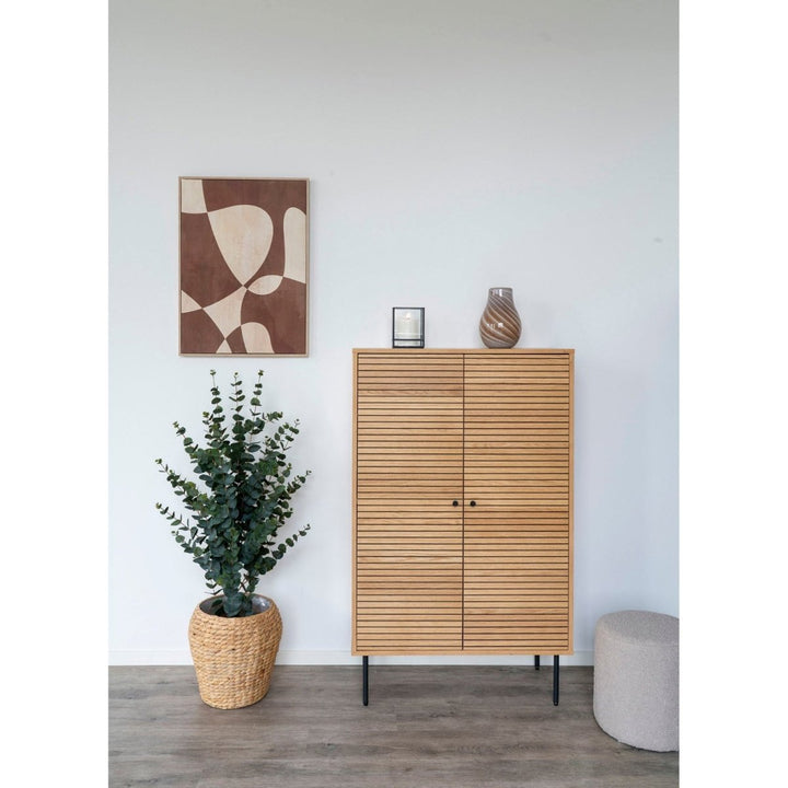 Wooden cabinet with a plant and decorative items in a room setting