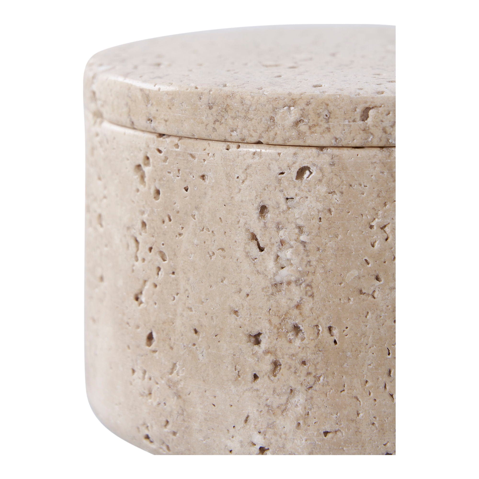 Beige stone cylindrical container with lid on a white background