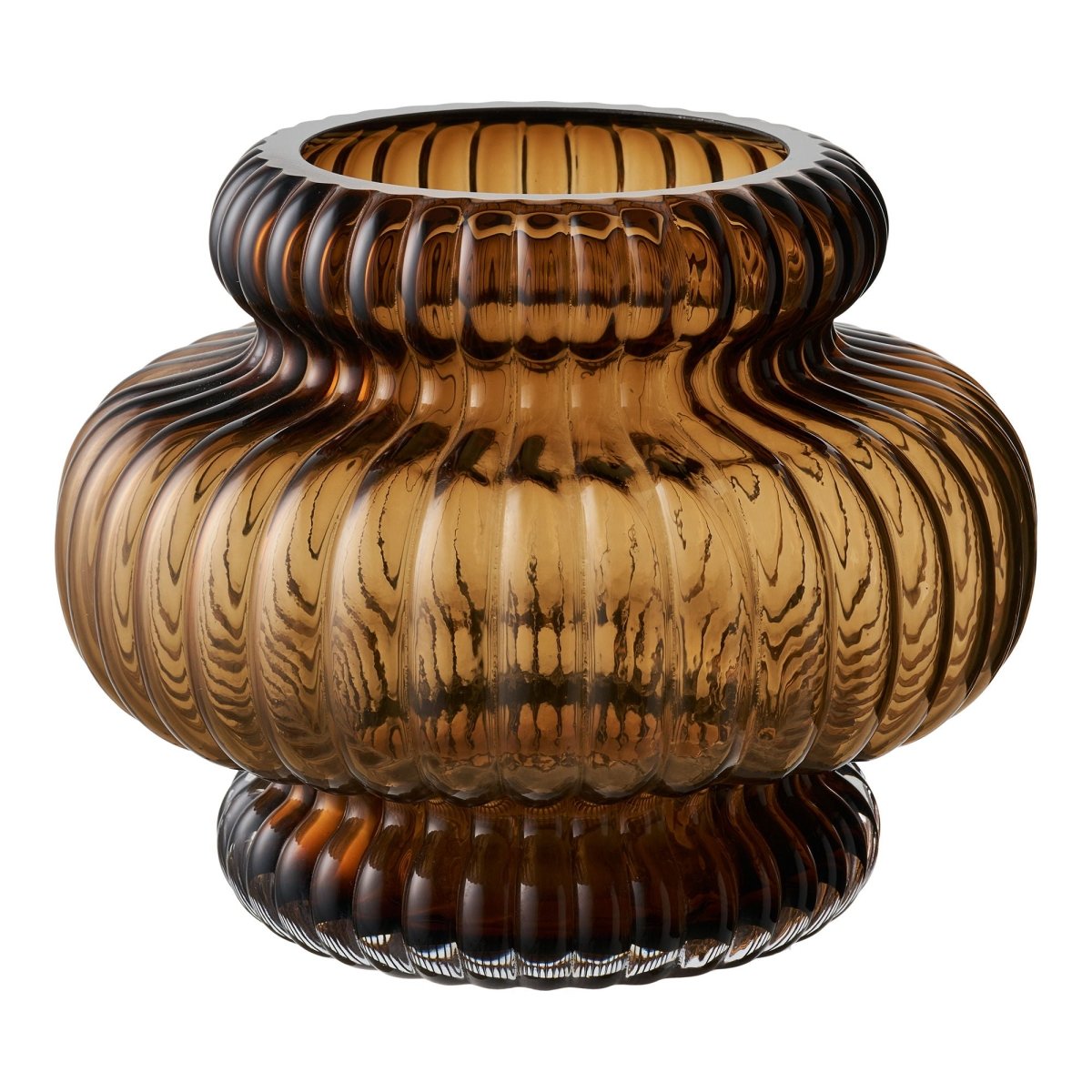 Brown glass vase with ribbed texture on a white background