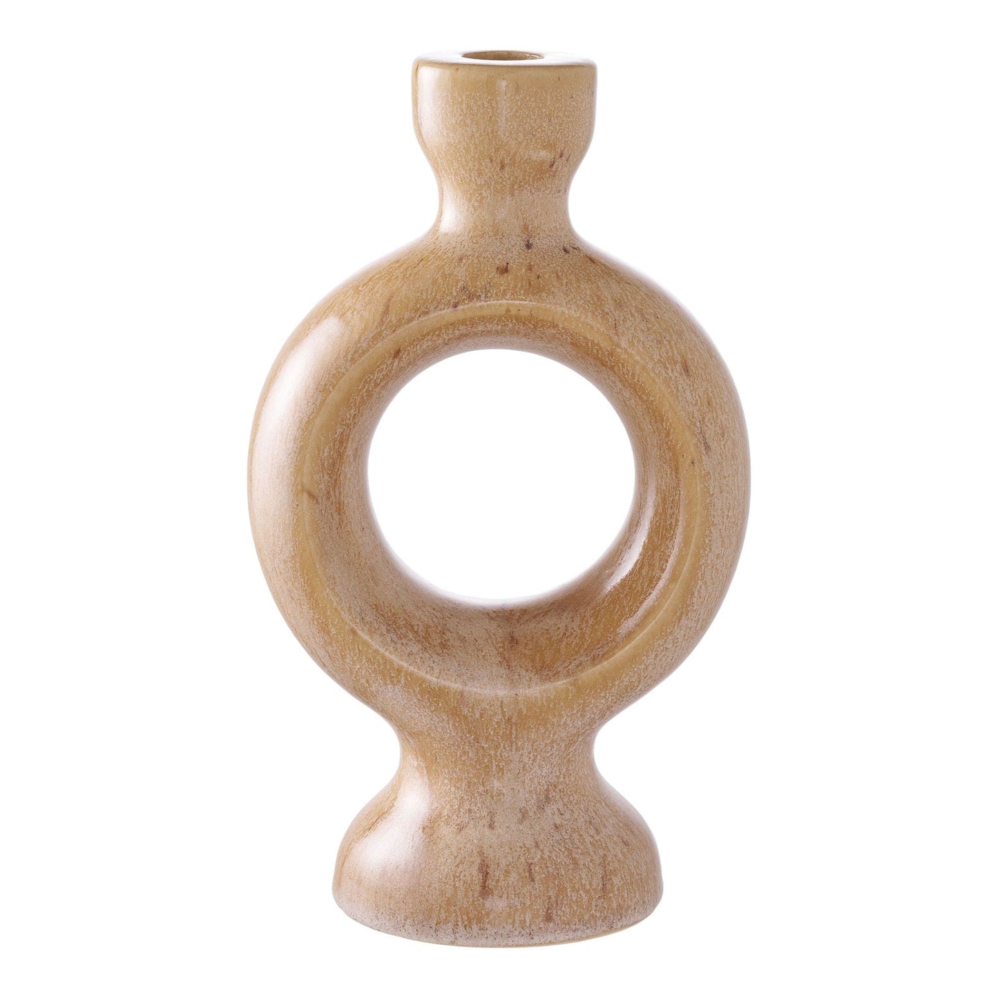 Brown ceramic candle holder with sculptural shape .