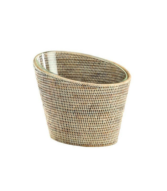 "Rattan white champagne bucket with removable acrylic interior, perfect for 2 bottles."