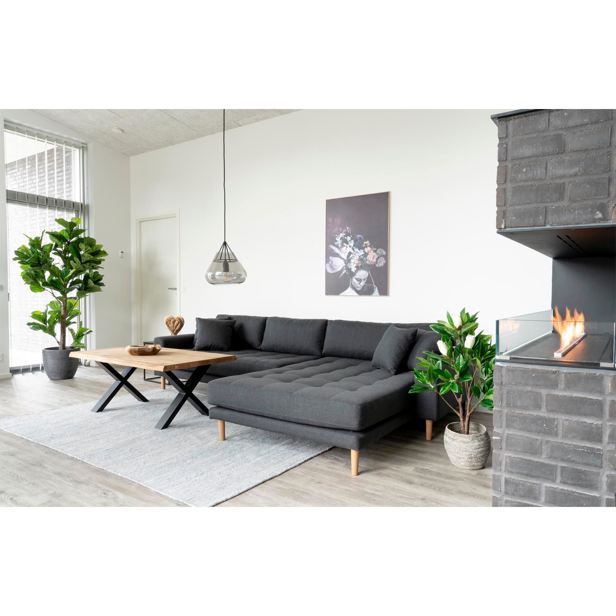 Modern living room with a gray sectional sofa, wooden coffee table, and decorative plants.