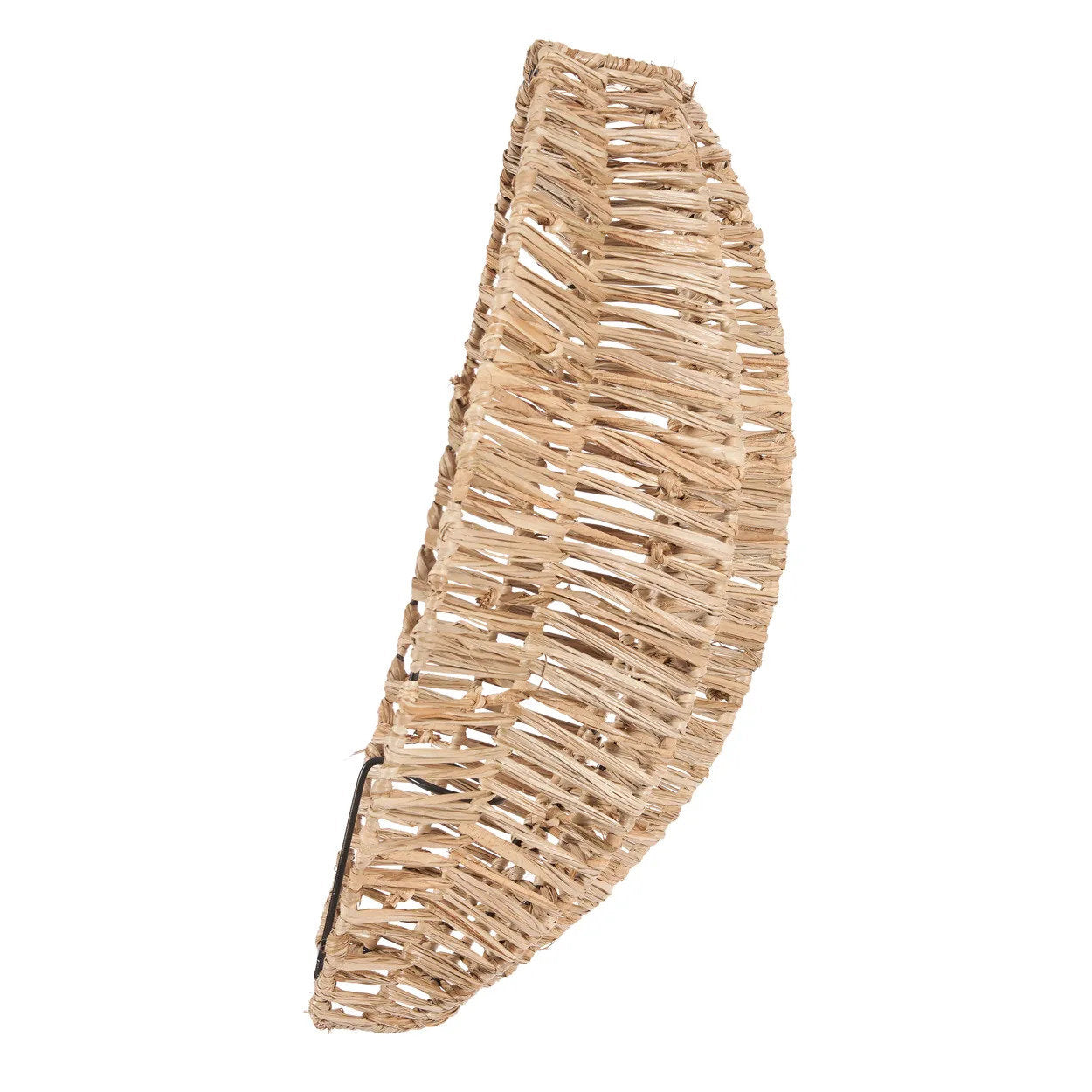 Woven rattan wall art piece on a white background
