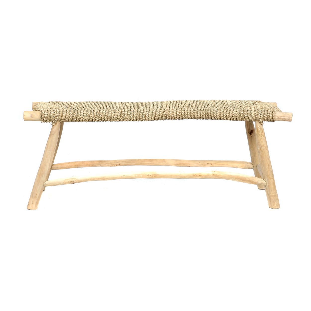 Wooden bench with woven top on a white background