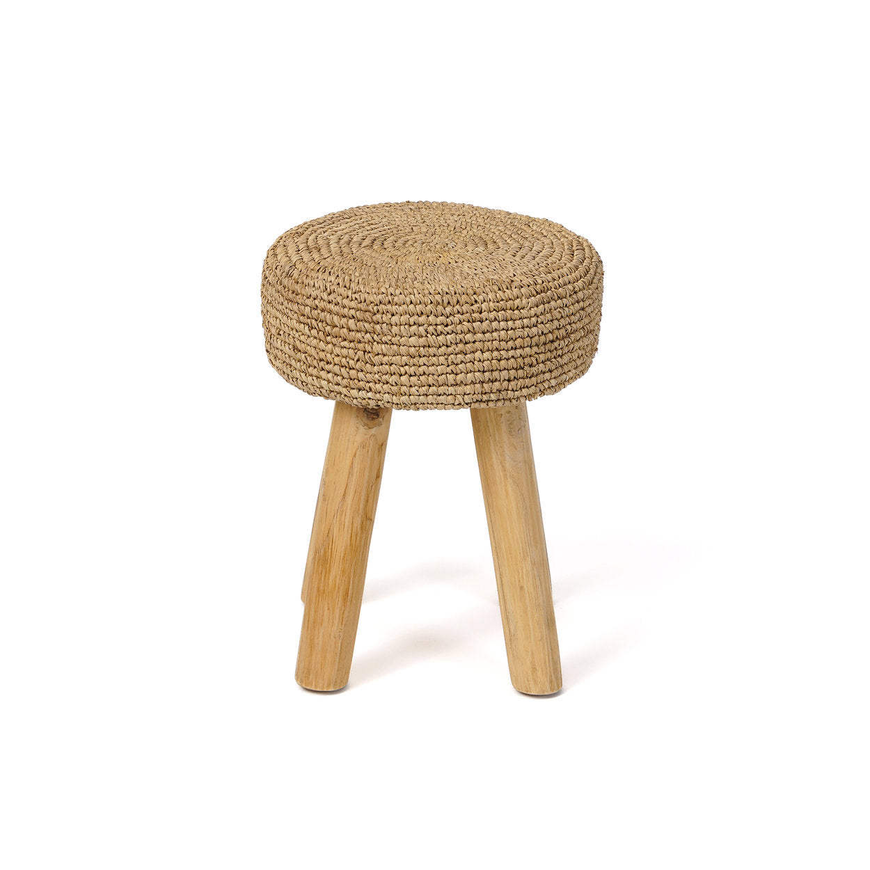 Small woven stool with wooden legs on a white background
