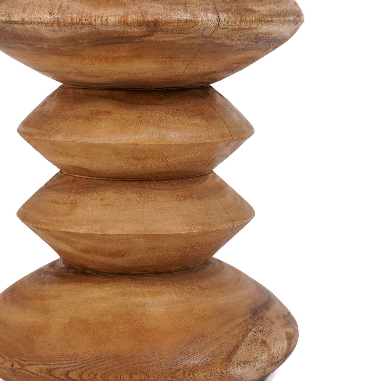 Wooden side table with stacked circular designs on a white background
