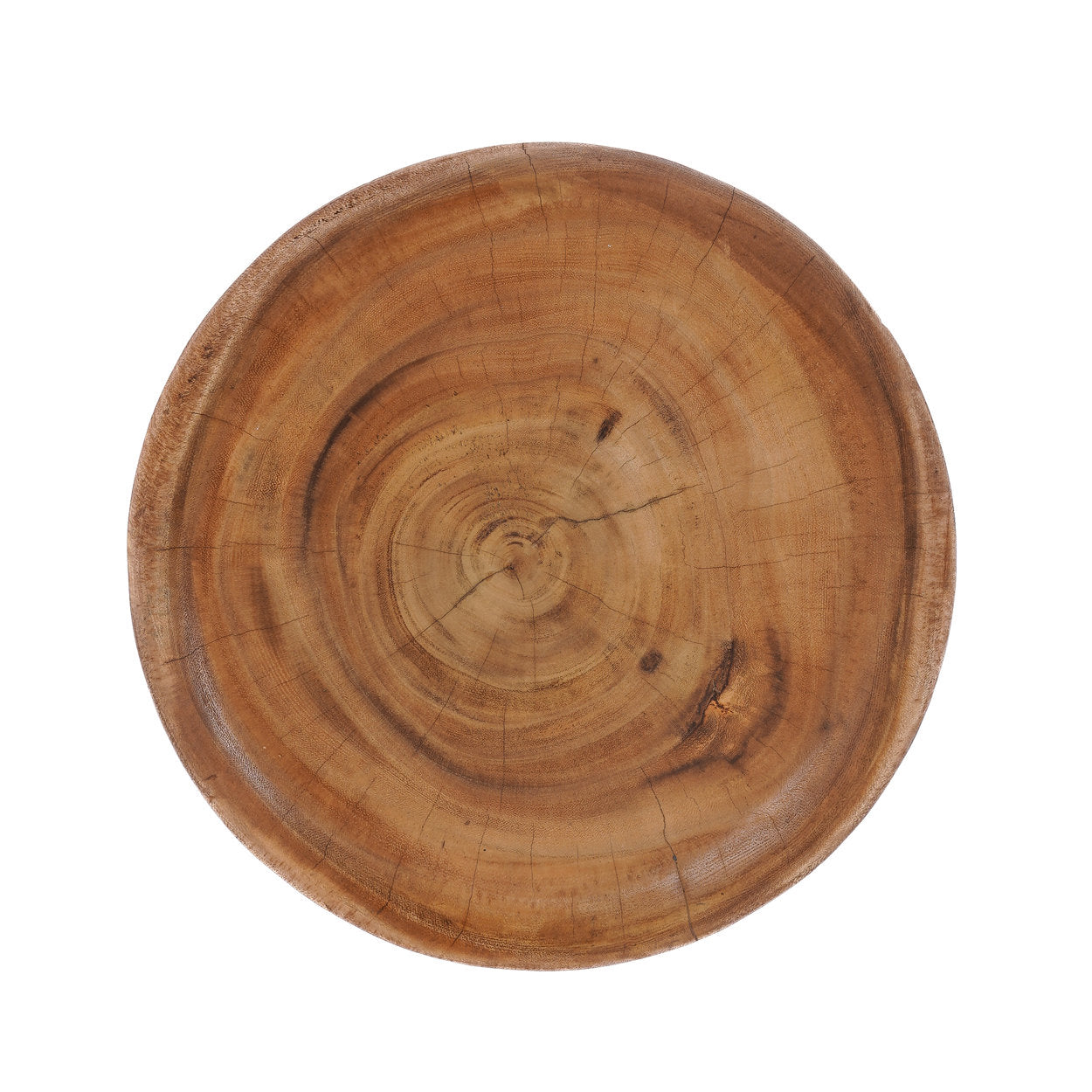 Round wooden cutting board with visible grain and rings on a white background