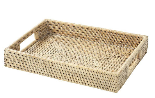 "Handcrafted rectangular white washed rattan tray, 36 x 25 x 6 cm, versatile for serving or organizing."