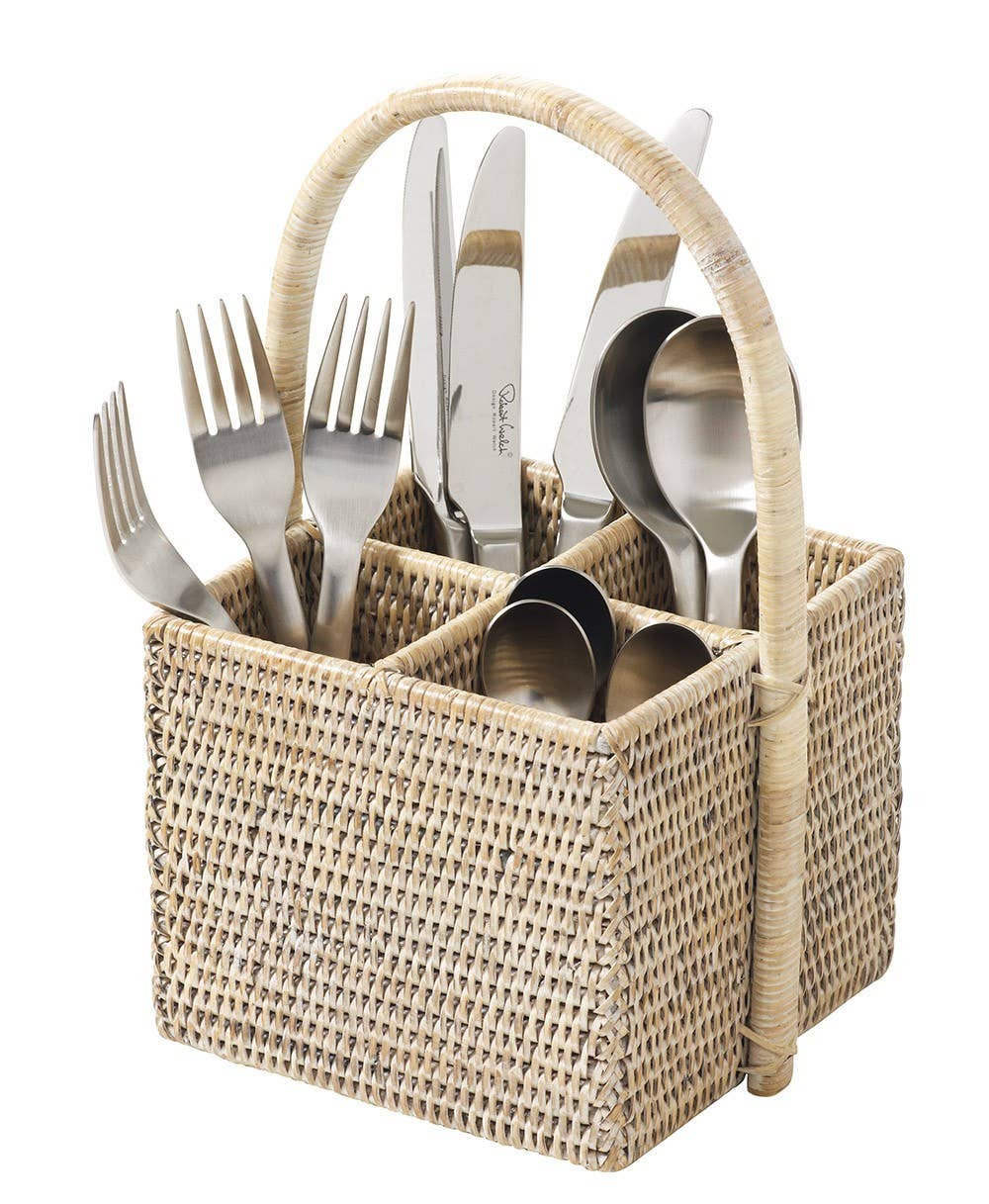 White rattan cutlery holder with 4 compartments – table organizer