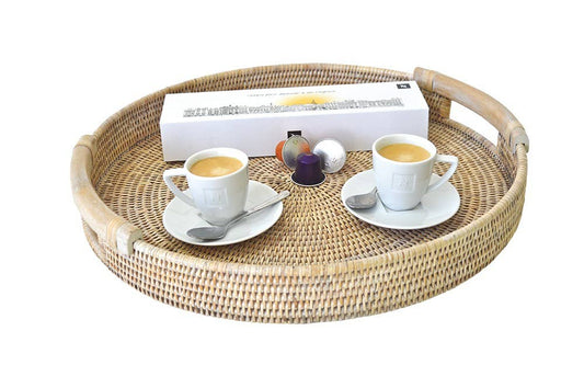 "Handcrafted round white washed rattan tray, 45x6 cm, perfect for serving or display."