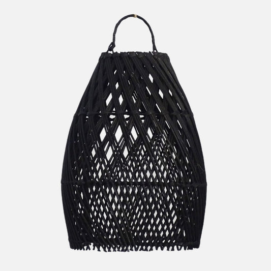 "Ayana Black Rattan Lamp Shade, 24 cm diameter, handcrafted in Bali for a bohemian, coastal home decor style, suitable for bedroom, living, or dining areas."