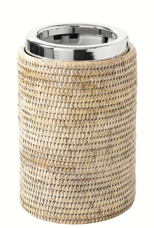 "White rattan bottle cooler with aluminum reservoir and three refrigerated trays."