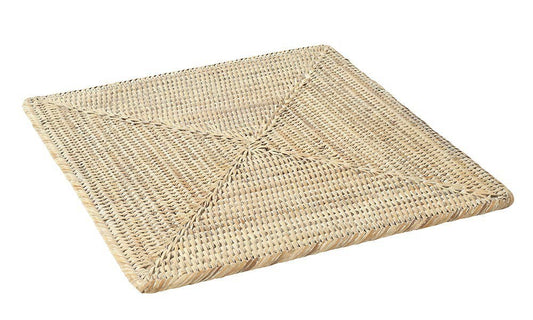"Square white washed rattan placemat, 34x34 cm, perfect for elevating your table decor."