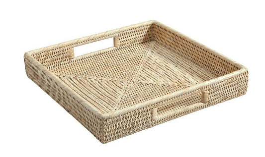 "Handcrafted eco-friendly white washed rattan tray, 30 x 30 x 5 cm, perfect for serving or display."