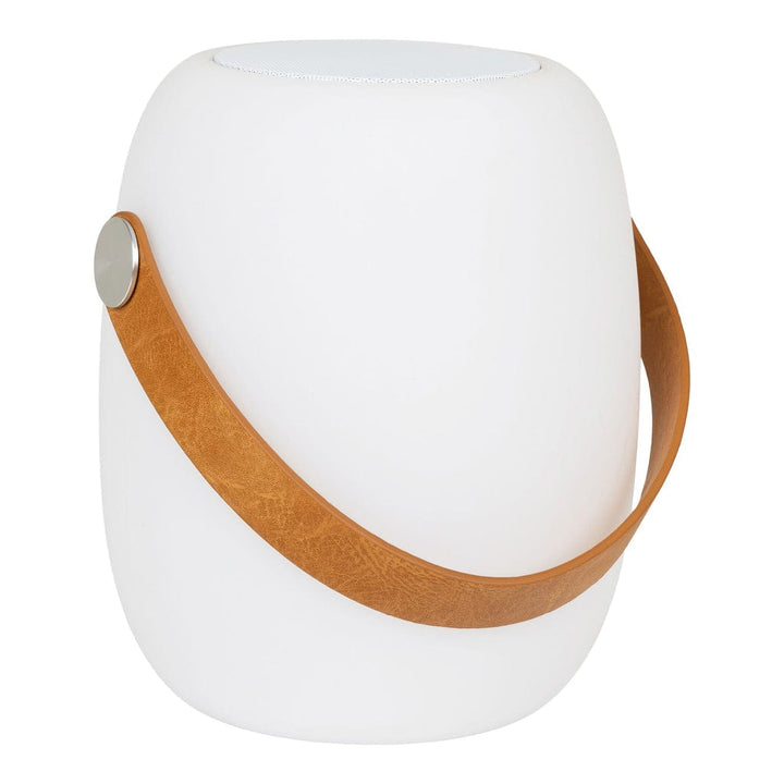 Cardiff LED Lamp - White rechargeable lamp with strap and Bluetooth speaker.