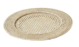"White rattan round plate charger, 33 cm diameter, perfect for elevating your table decor."