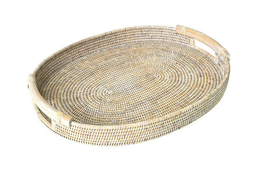 "Handcrafted oval white washed rattan tray with wooden handles, 52x41x6 cm, perfect for serving or display.