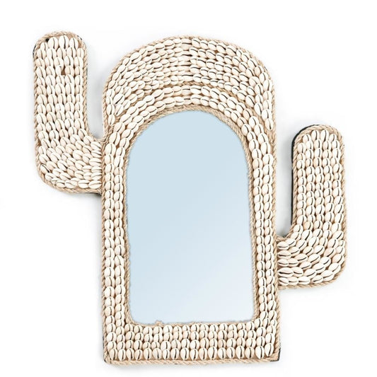 "Cactus-shaped decorative mirror crafted from white shells, ideal for adding whimsical charm to home decor."