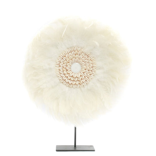 "Bohemian Feather Display on Stand with white feathers and hand-placed shells, ideal for interior and garden decor."