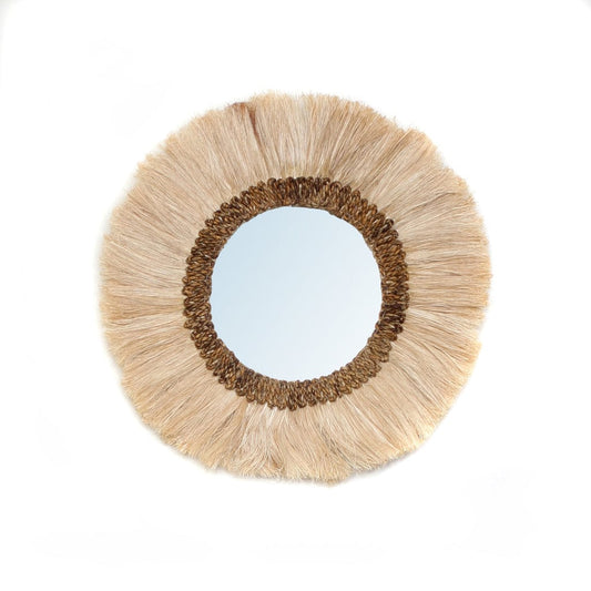 "Boho Chic Eco-Friendly Wall Mirror, 60cm diameter with 26cm mirror glass, crafted from natural grass for sustainable home decor."
