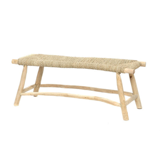 "Image: Boho Teak Wood and Seagrass Bench - Versatile indoor/outdoor seating, crafted from high-quality materials. Adds natural beauty and bohemian charm to any space. Dimensions: 45x40x110cm."
