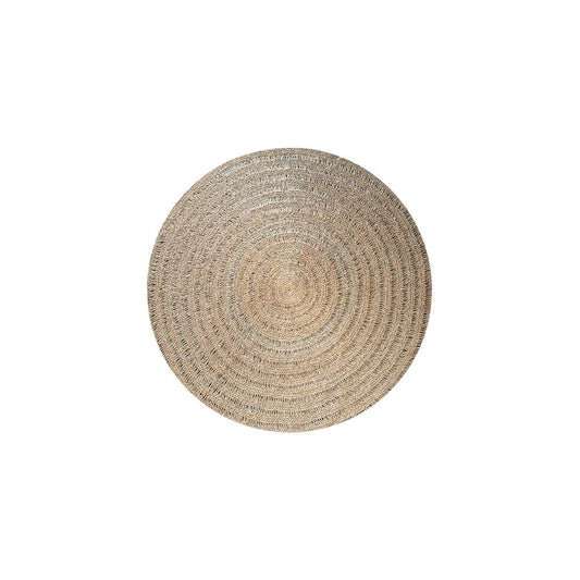 "100x100 cm circular seagrass rug. Natural texture for kitchen, living area, or terrace."