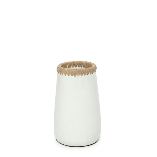 "Sneaky Vases in Natural White: Terracotta and Raffia Detail, Available in Three Sizes, Ideal for Dried Floral Arrangements in Compact Spaces."