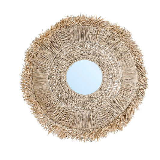 "Handcrafted Yuki mirror with natural raffia weaves in a unique five-ring design, perfect for coastal-inspired interiors"
