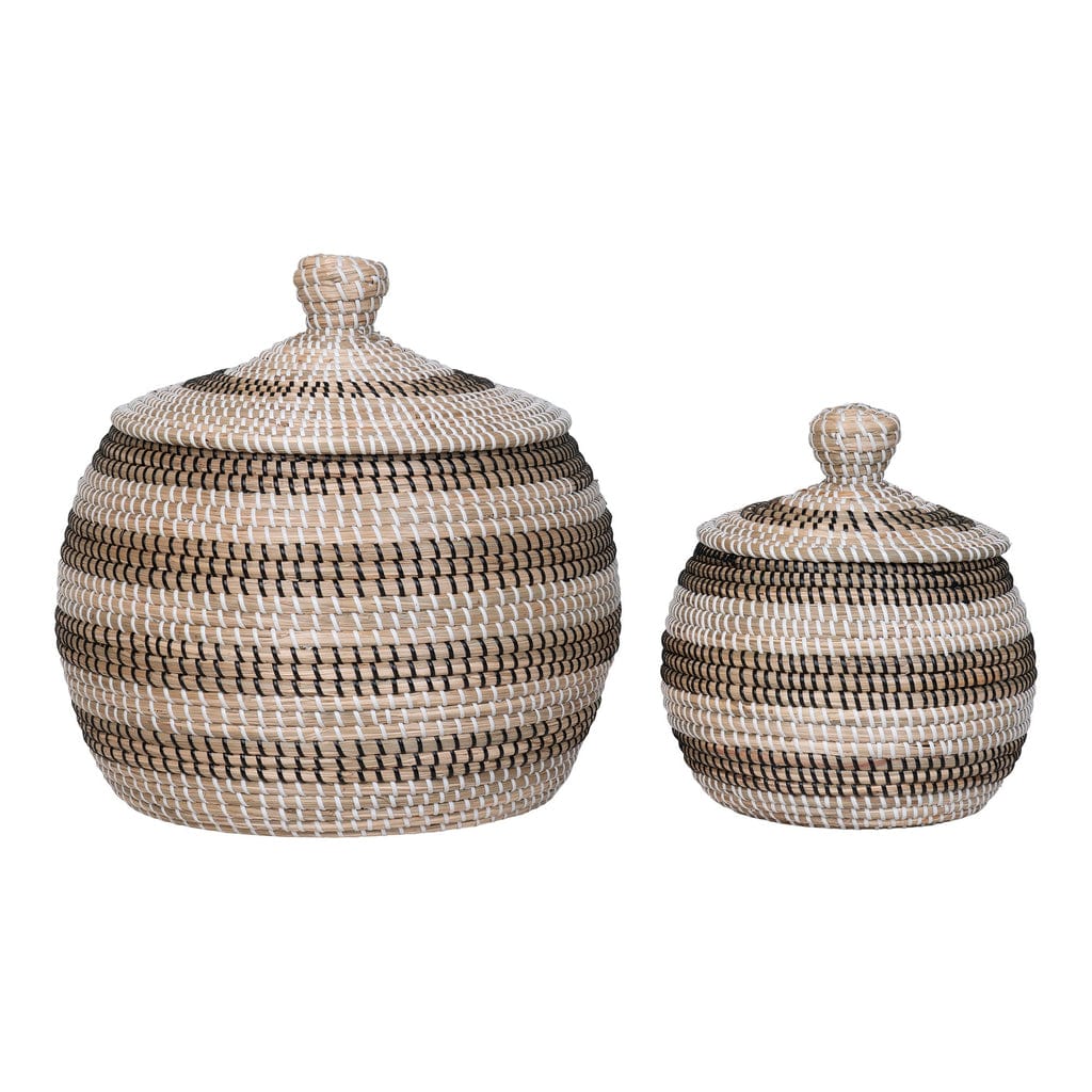 Ipoh Seagrass Basket Set in natural, black, white colors, two sizes (26x24 cm & 40x37 cm).