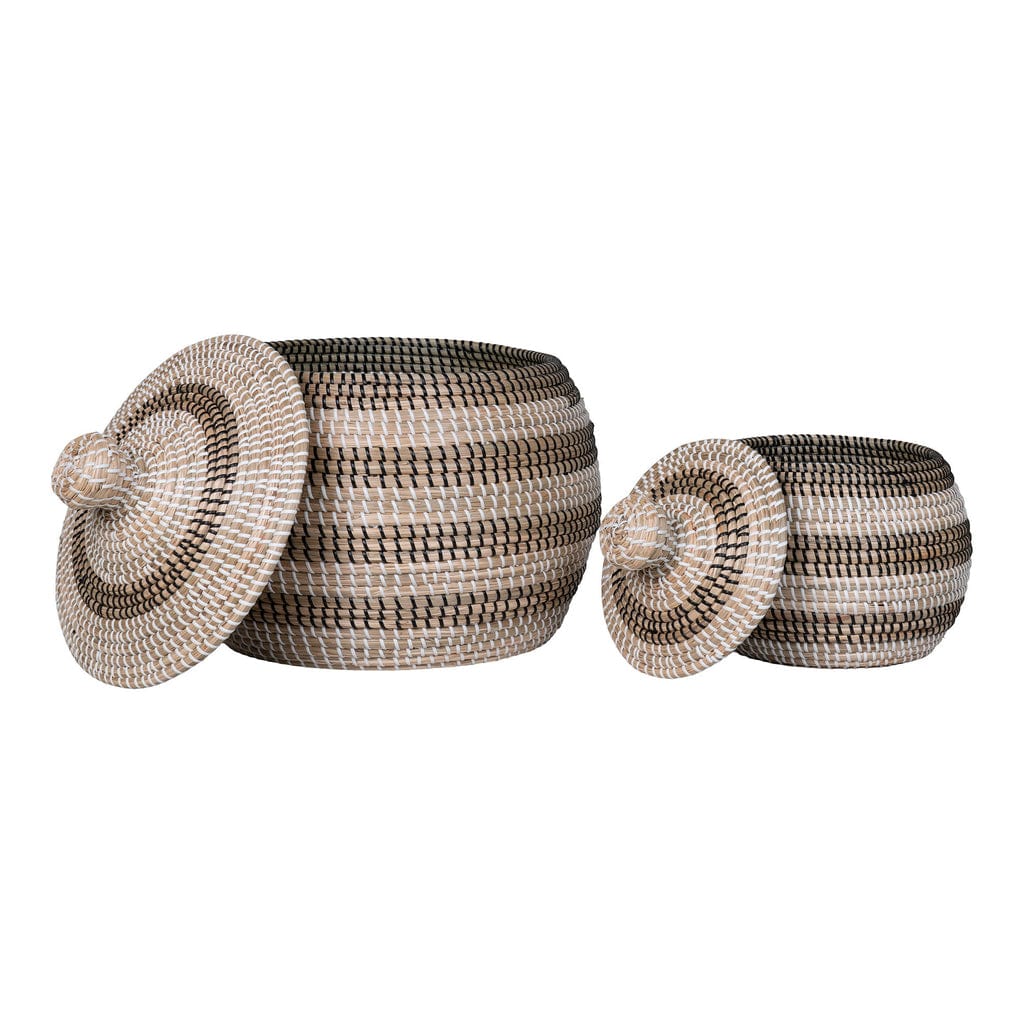 Ipoh Seagrass Basket Set in natural, black, and white, featuring two sizes for stylish and eco-friendly storage.
