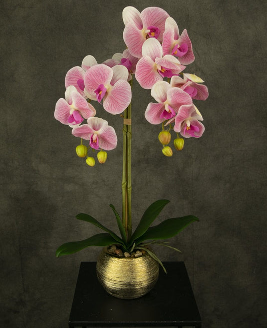 "Image: Artificial Dark Pink Orchid in a golden pot, perfect for elegant home or office decor."