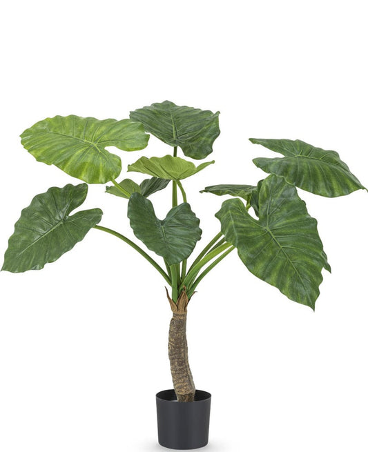 "Lifelike Alocasia Artificial Plant with large green leaves, standing 80 cm tall in a simple plastic pot, ideal for indoor decor."