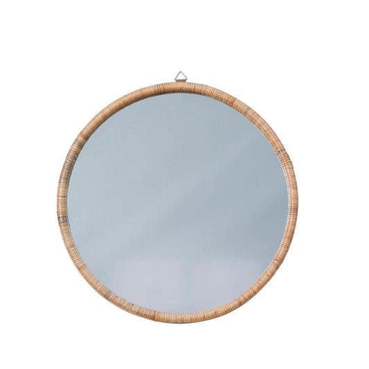 "60cm Riselle rattan mirror in an organic shape, adding elegance and spaciousness to any room, eco-friendly design."