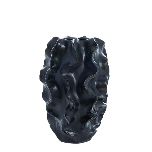 "Black ceramic vase from the Sannia series, featuring a bold, unique design and elegant finish, sized 25.5x25.5x37.5 cm for sophisticated home decor."