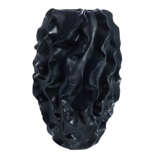 "Image: Sannia Ceramic Vase in sleek black, standing 33x33x48 cm. Modern design with bold shape, perfect for adding sophistication to any room."