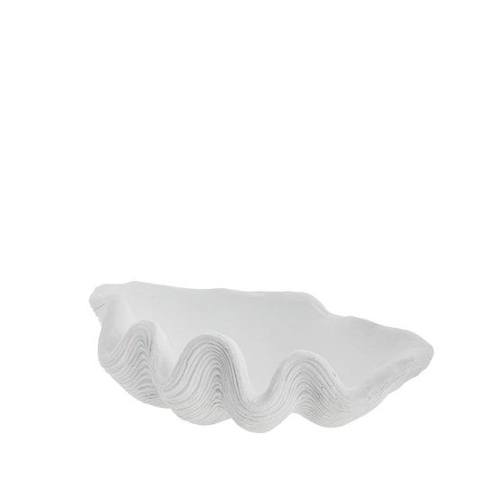 "Elegant white Shella Decoration, seashell-shaped, crafted from polyresin for sophisticated home interiors."