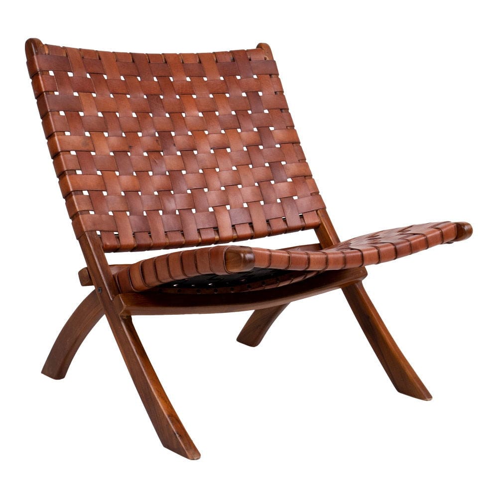 Brown leather folding chair with teak wood legs, Perugia model