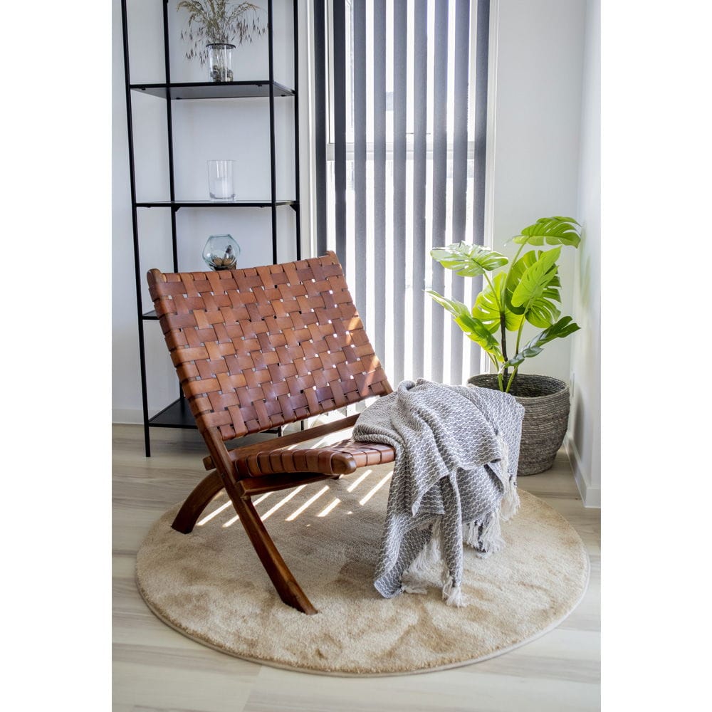 Perugia Folding Chair in Brown Leather | Teak Wood Legs
